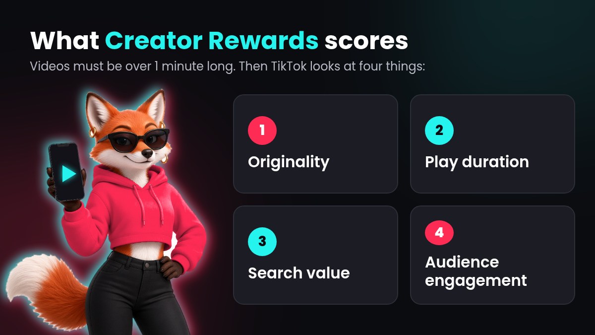 Female Muddlefox mascot holds up a phone beside the four things TikTok scores for Creator Rewards videos over 1 minute long.